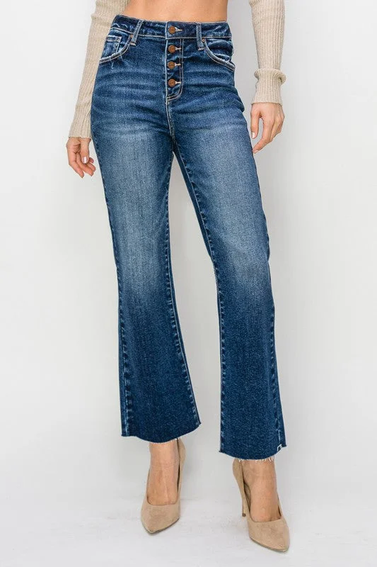 Button Fly Cropped Flare Dark Jeans