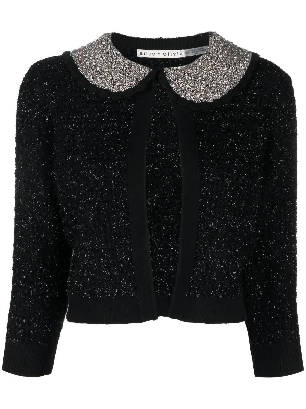 Akira Textured With Embellished Crystals Top Cardigan in Black Metallic