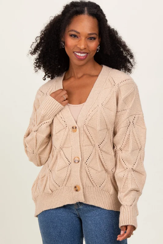 Beige Diamond Knit Button Up Sweater Cardigan