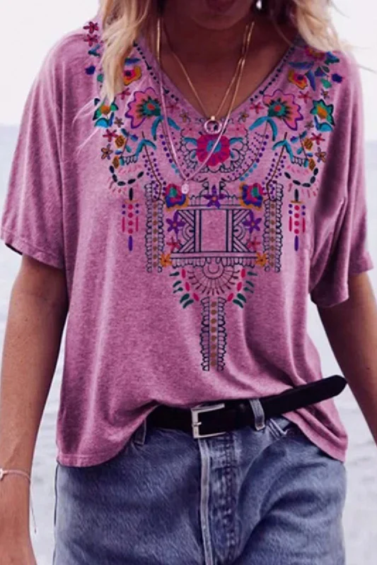 Casual Print Patchwork V Neck T-Shirts(6 Colors)