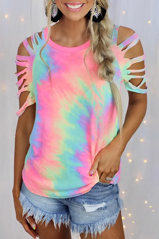 Casual Tie Dye Hollowed Out O Neck T-Shirts