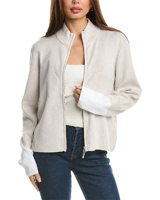 Forte Cashmere Contrast Trim Zip Mock Cardigan