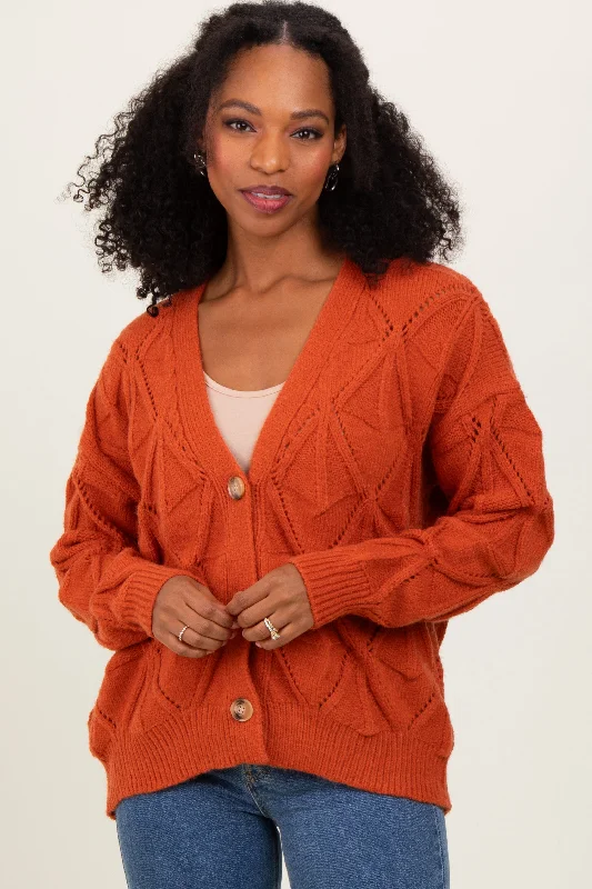 Rust Diamond Knit Button Up Sweater Cardigan