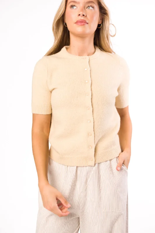 Effie Short Sleeve Button Cardigan in Oatmeal - Nursing Friendly