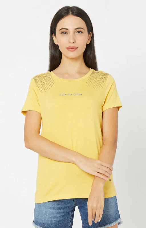 Spykar Women Yellow Cotton Regular Round Neck T-Shirts