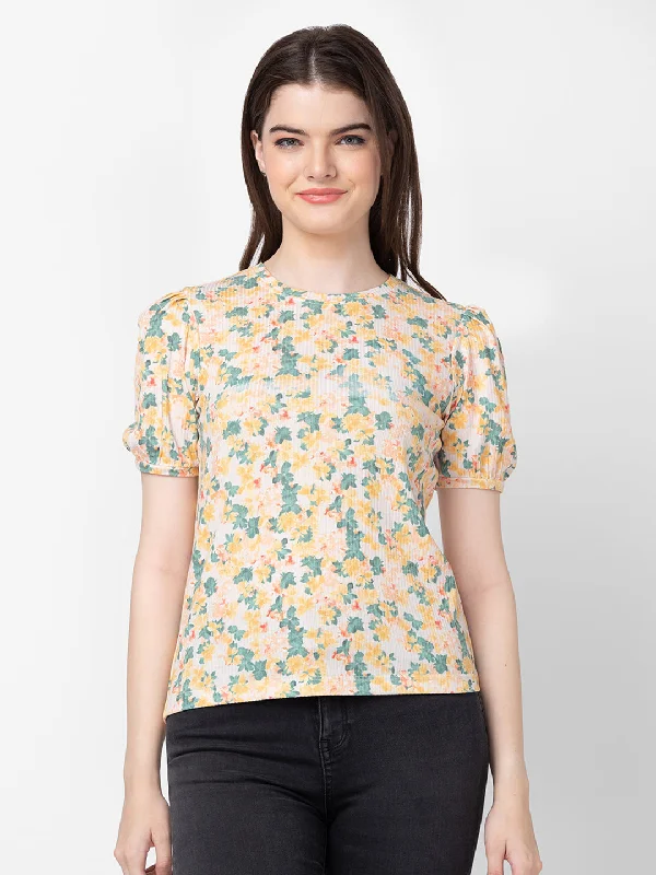 Spykar Women Yellow Cotton Slim Fit Floral T-Shirt