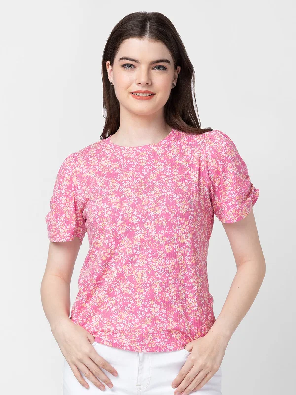 Spykar Women Fuschia Pink Cotton Slim Fit Floral T-Shirts