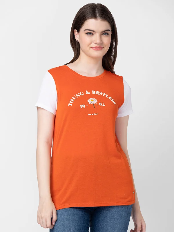 Spykar Women Burnt Orange Cotton Slim Fit Printed T-Shirts