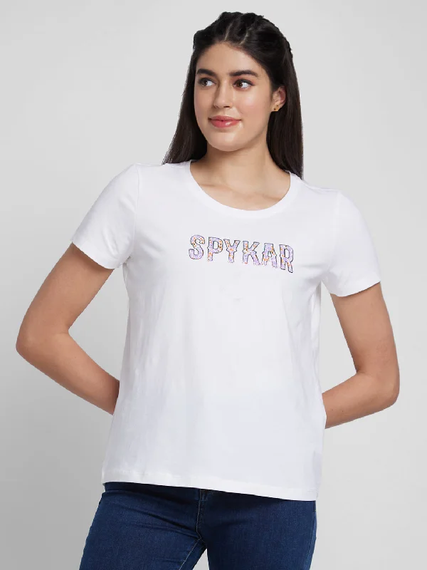 Spykar Women White Blended Regular Fit Printed Round Neck Tshirt