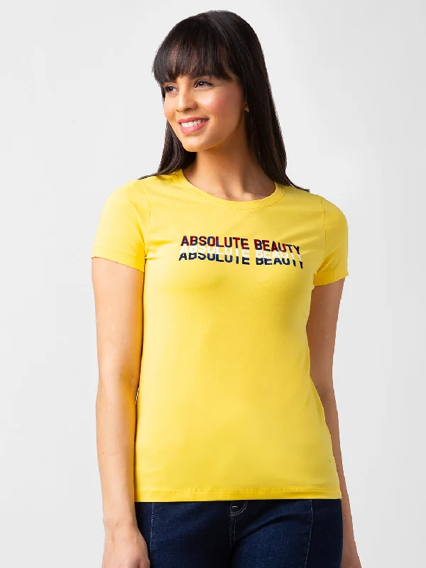 Spykar Women Lemon Yellow Blended Regular Fit Half Sleeve Printed Tshirt