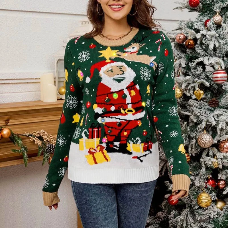 Autumn Winter Santa Jacquard Round Neck Retro Casual Christmas Sweater with LED Light