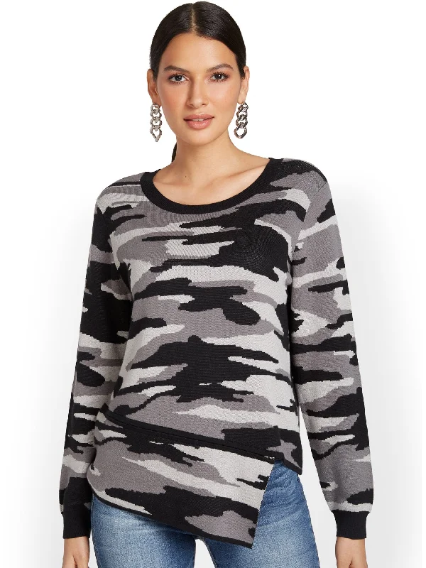 Camo-Print Asymmetrical Zip-Detail Pullover Sweater