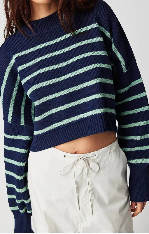 Easy Street Stripe Crop Pullover In Navy Combo