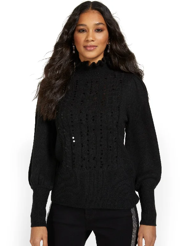 Embellished Frill-Neck Pullover Sweater