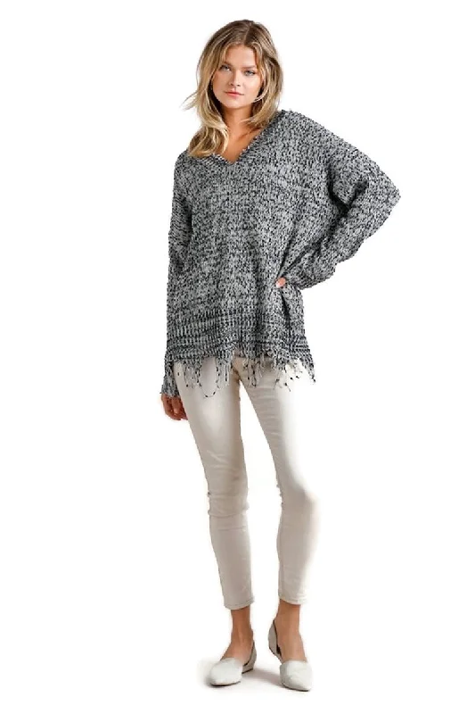 Frayed  Knit Pullover Sweater, Oreo