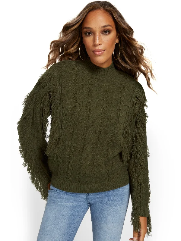 Fringe-Detail Mock-Neck Pullover Sweater