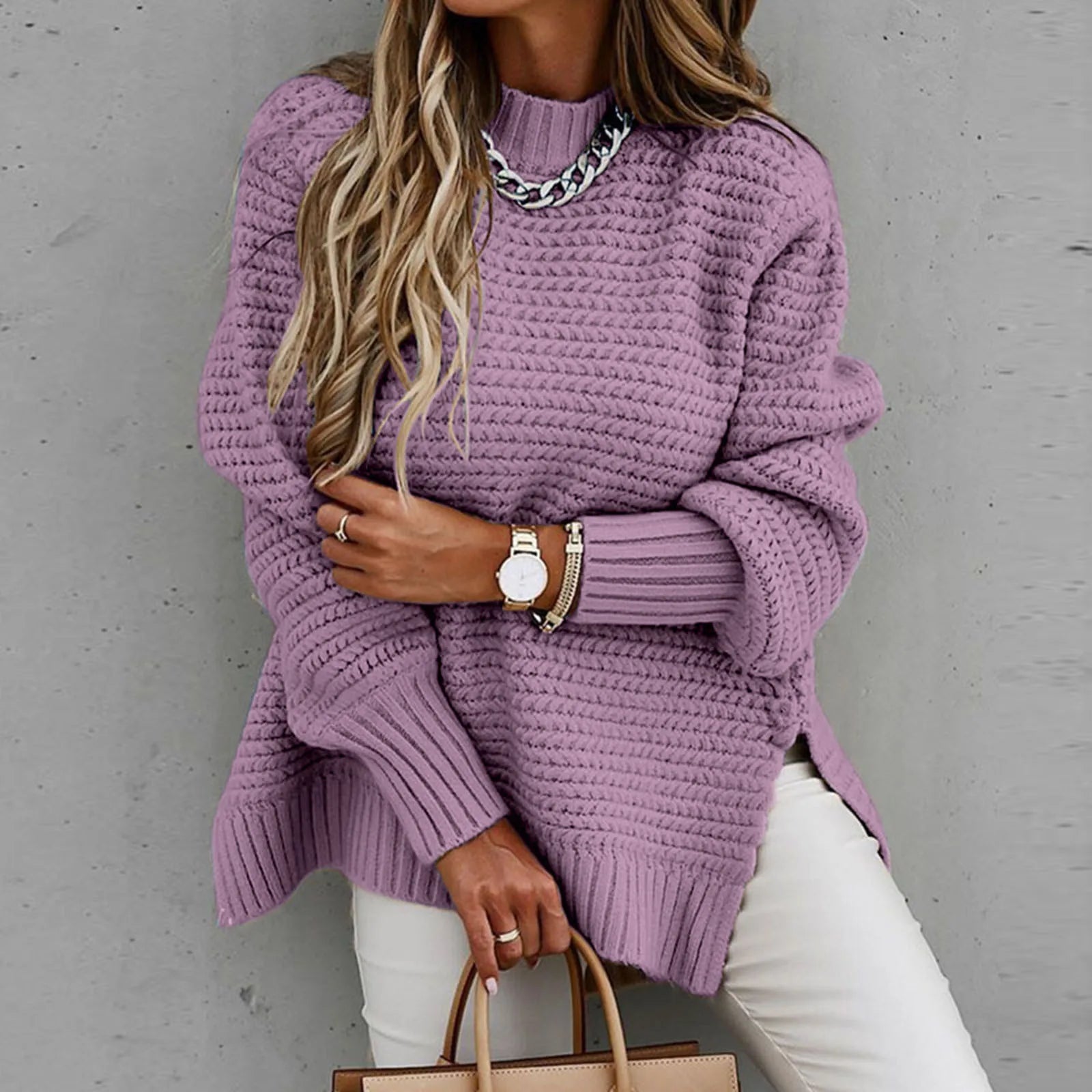 Half Turtleneck Loose Elegant Warm Oversized Pullover Knitted Sweater