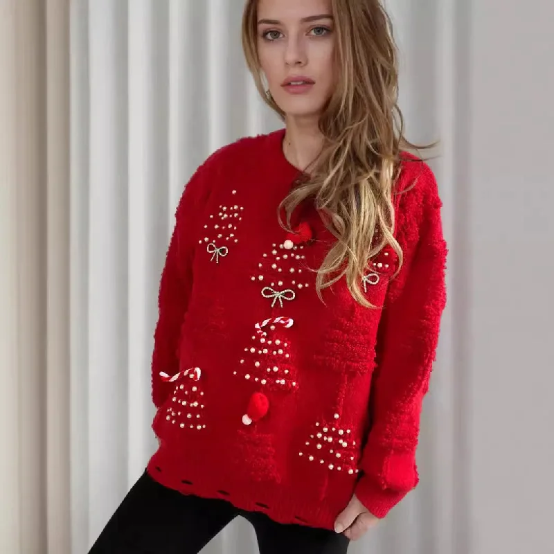 Korean Style Casual Loose Jumper with Chic Bow Christmas Sweater