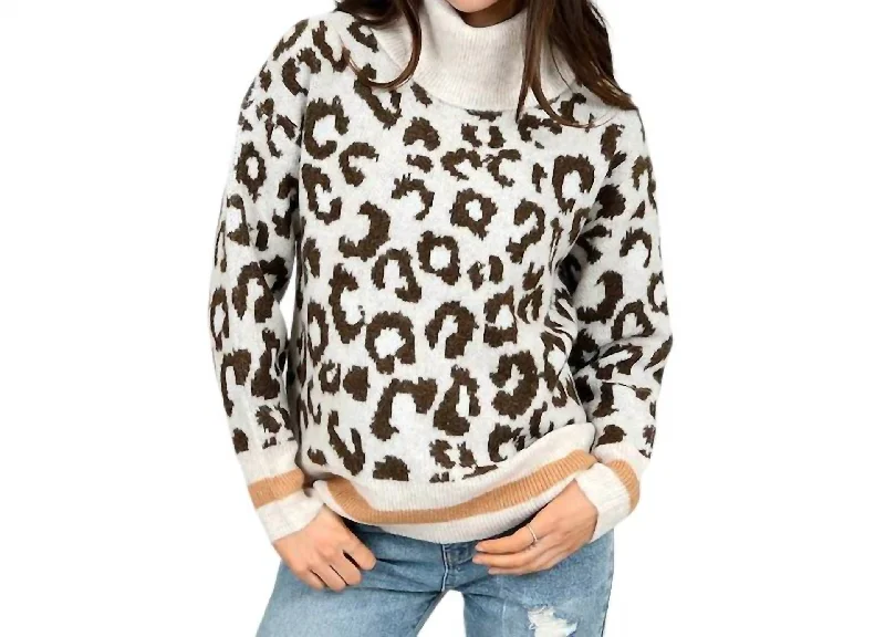 Leopard Print Pullover With Trim In Beige