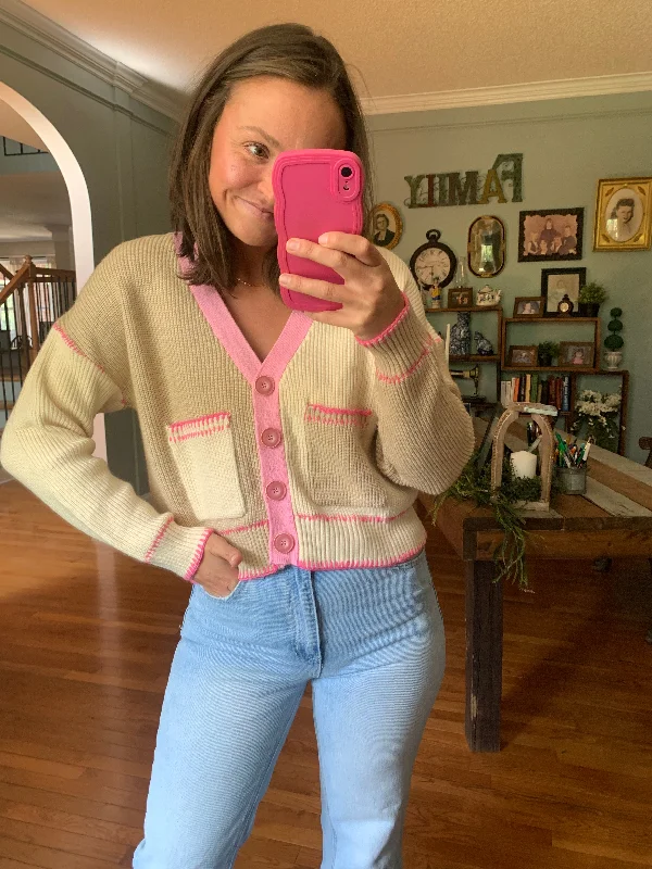 Pink Chic Color-Block Cropped Cardigan