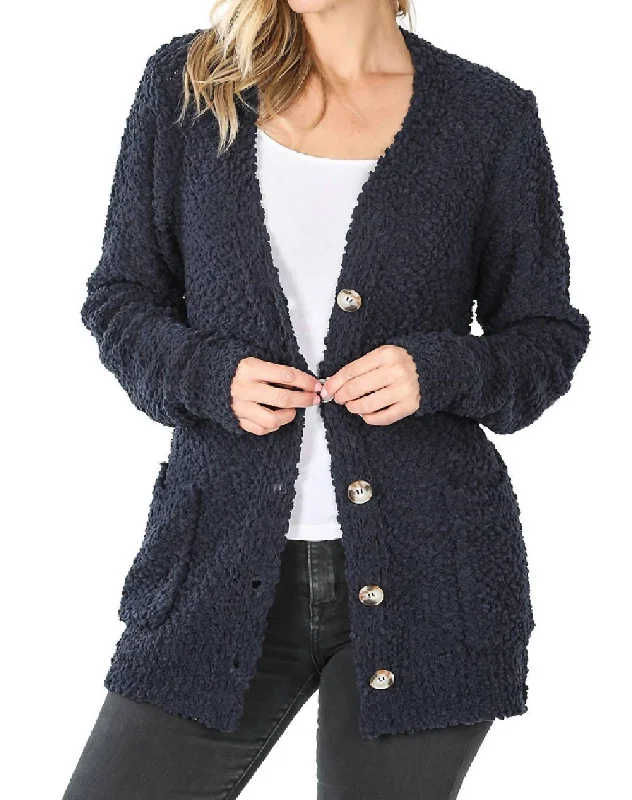 Popcorn Button Down Cardigan In Midnight Navy