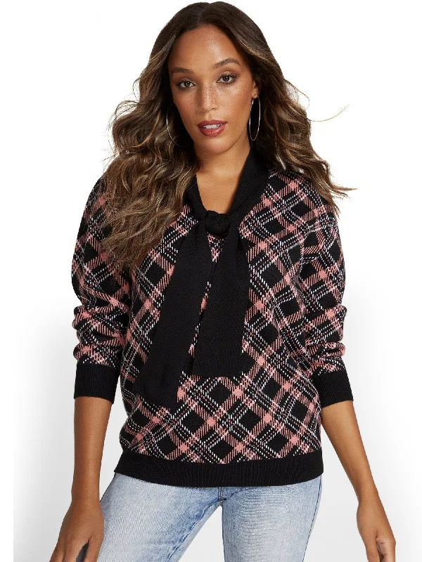 Tie-Front Pullover Sweater - Plaid