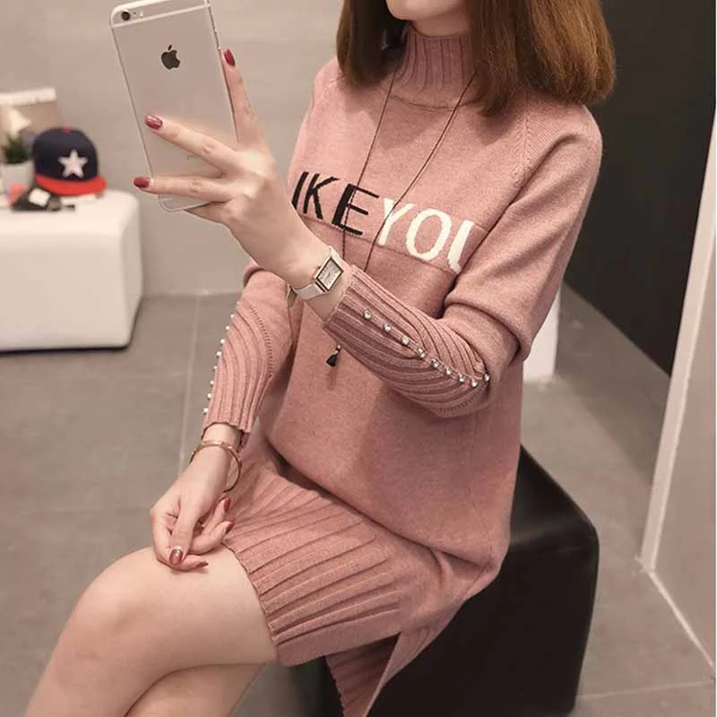 Women Knit Sweater Pullover NEW Autumn Winter Clothes Half Turtleneck Long-sleeved Bead Medium long Jumper Sweater Female Tops