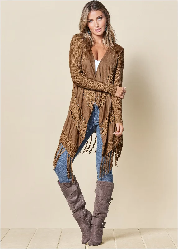 Faux-Suede Fringe Cardigan - Brown