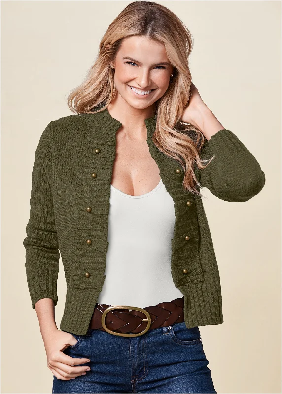 Tab Button Detail Cardigan - Olive