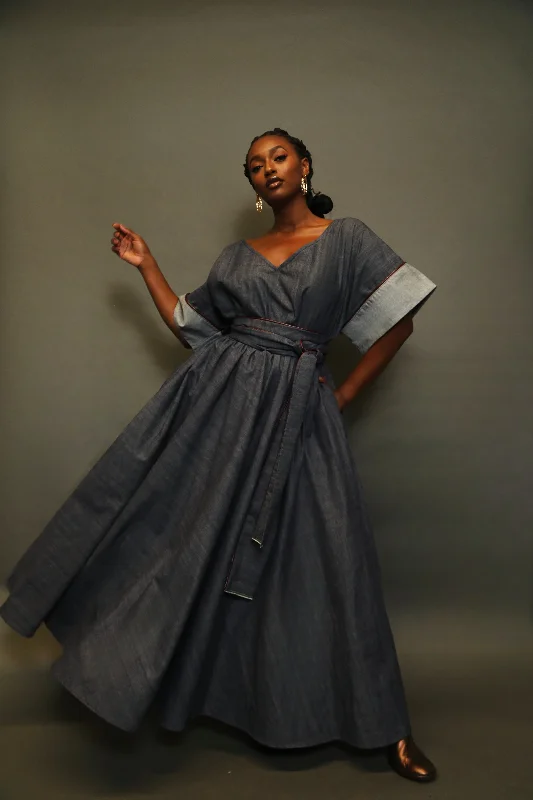 Denim Maxi Dress w/Leather Trim