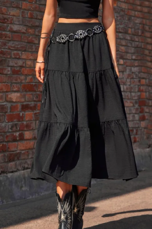 Elastic Waist Tiered Midi Skirt