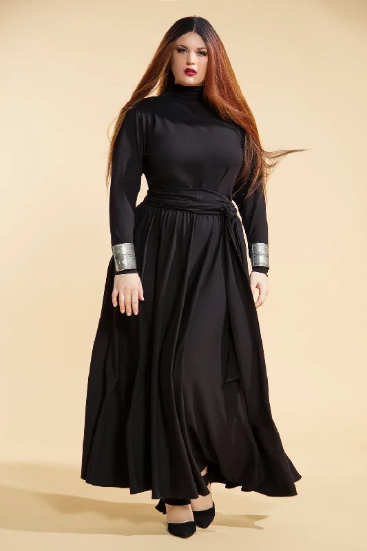 Long Sleeved Mock Neck Flare Maxi Dress- JIBRI