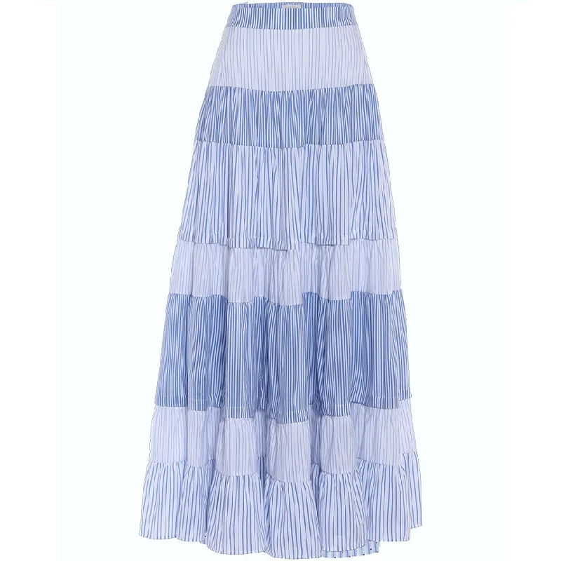 BLUE WHITE STRIPED SILK MIX MAXI SKIRT "KATARINA"