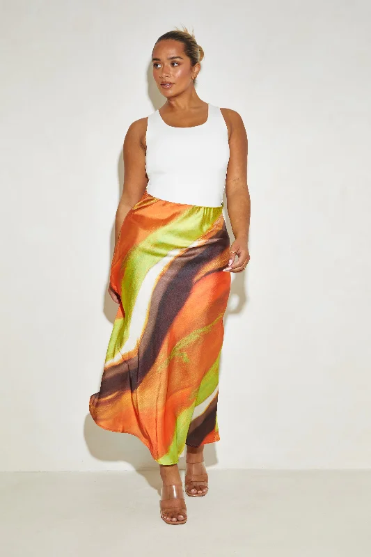 Satin Maxi 'Lucia' Skirt in Green Swirl Print