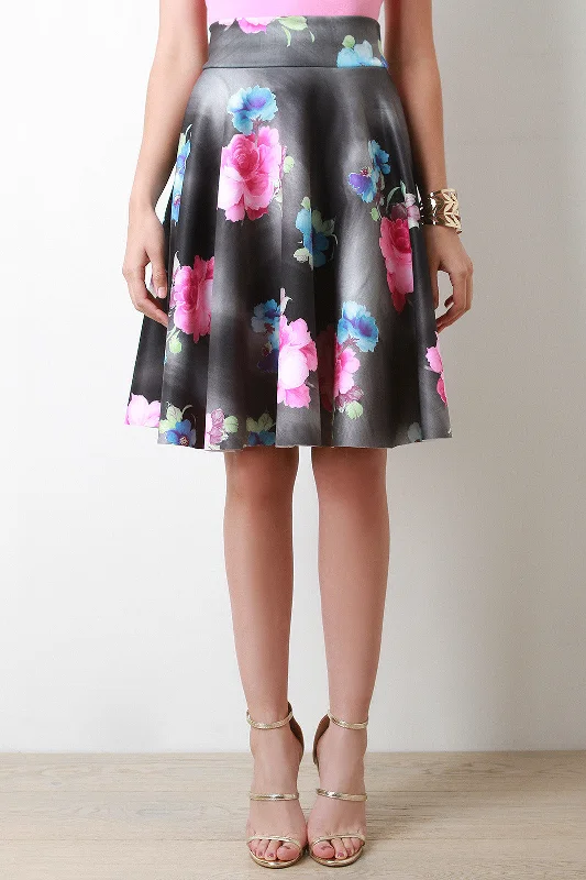 High Waist Floral Print Neoprene Skirt