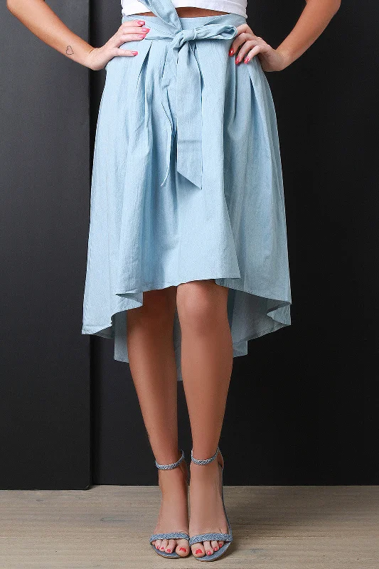 Self Tie Chambray High Low Hem Circle Skirt