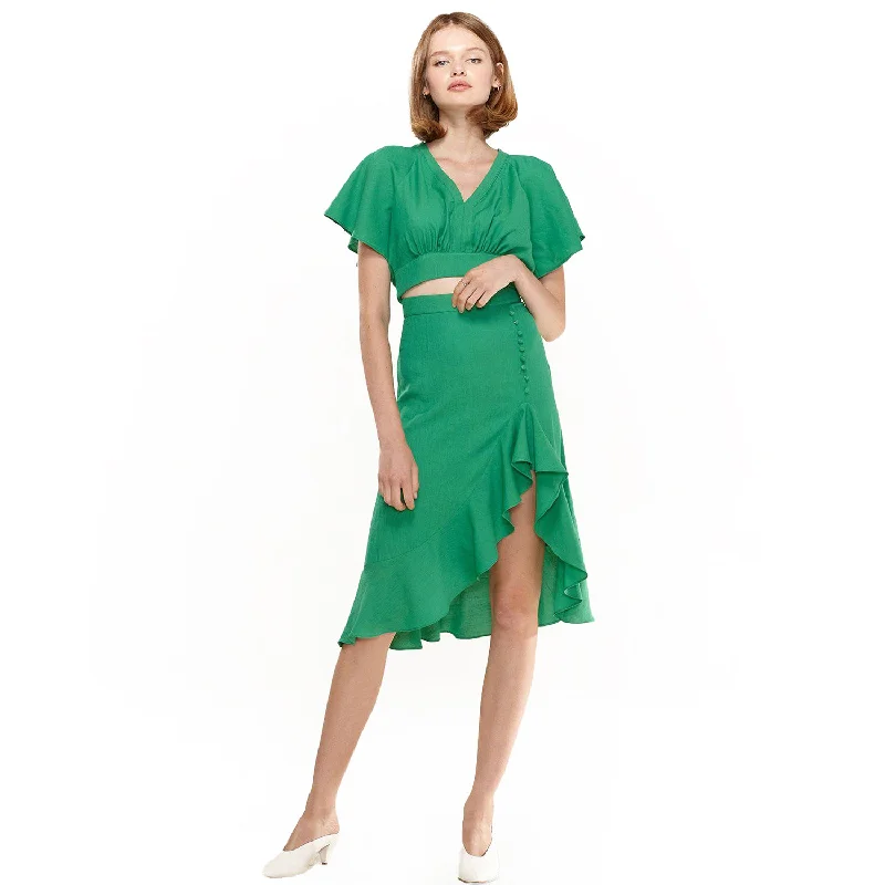 Women's Asymmetrical Hem Button Front Skirt in Kelly Green