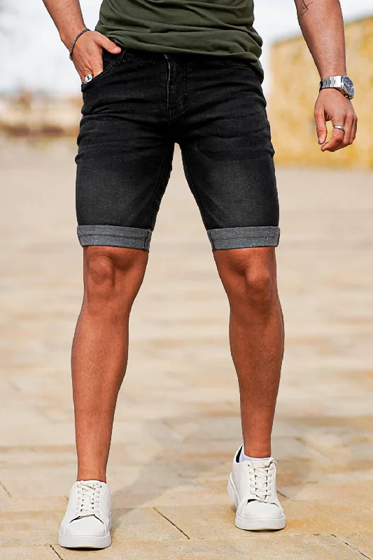 Men Black Denim Short - Crimping