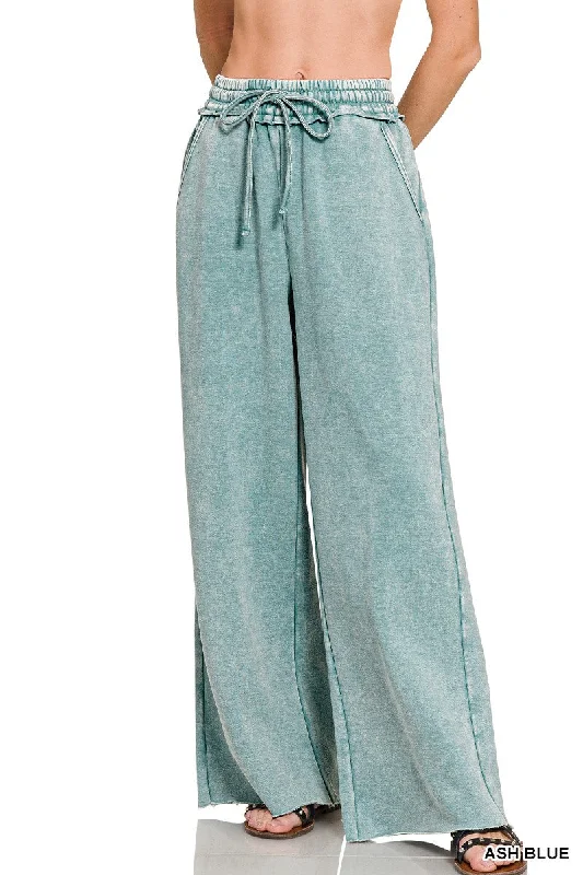 Zenana Acid Washed Fleece Palazzo Sweat Pant OPW-4343Y