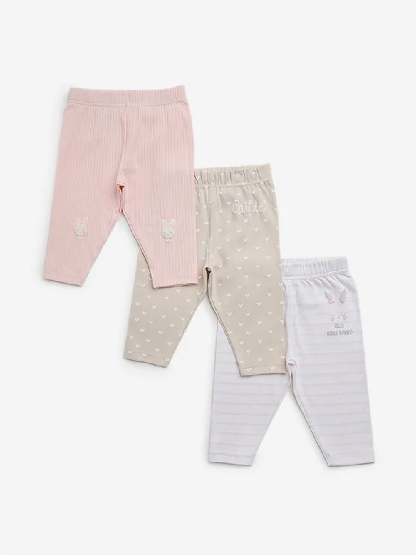 HOP Baby Pink Cotton Blend Pants - Pack of 3