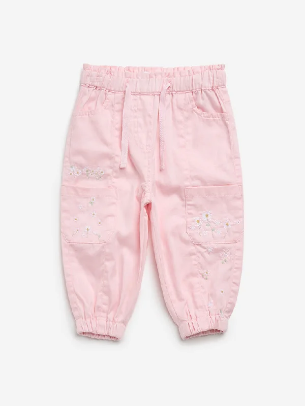 HOP Baby Pink Floral Embroidered High-Rise Cotton Pants